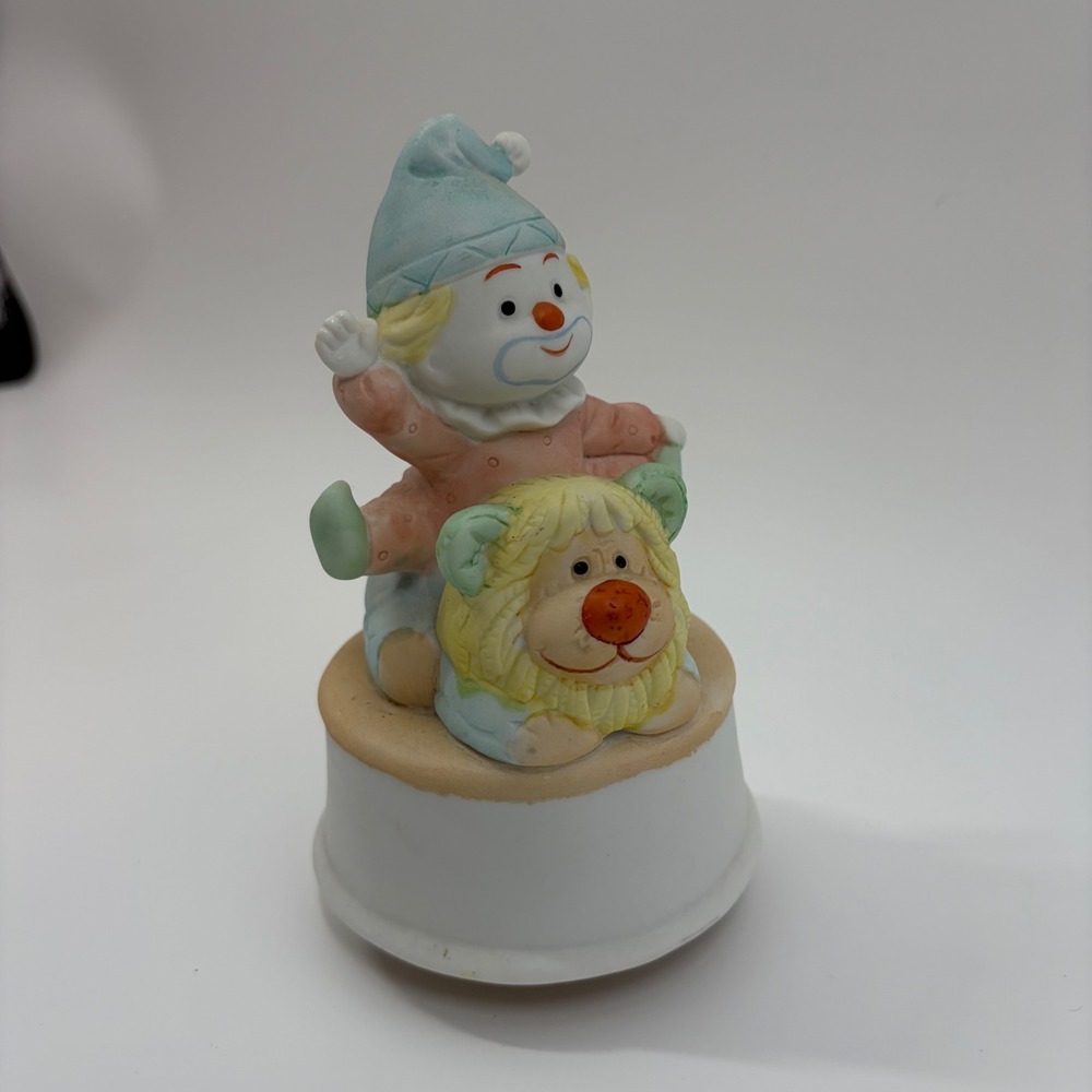 Vintage Ceramic Rotating Music Box Clown Riding Lion Pastel Nursery Decor